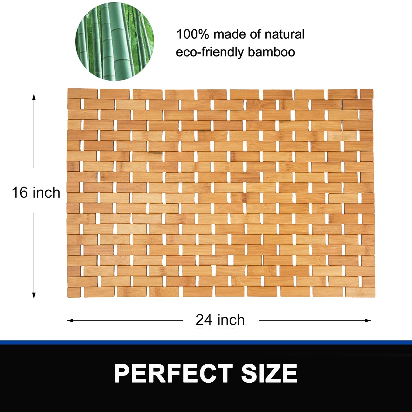 Bamboo Bath Mat Bathroom Rugs Floor Wood Shower Bathtub Waterproof Non Slip Accessories 16x24 Inch Easy to Clean, Natural, 1 pc