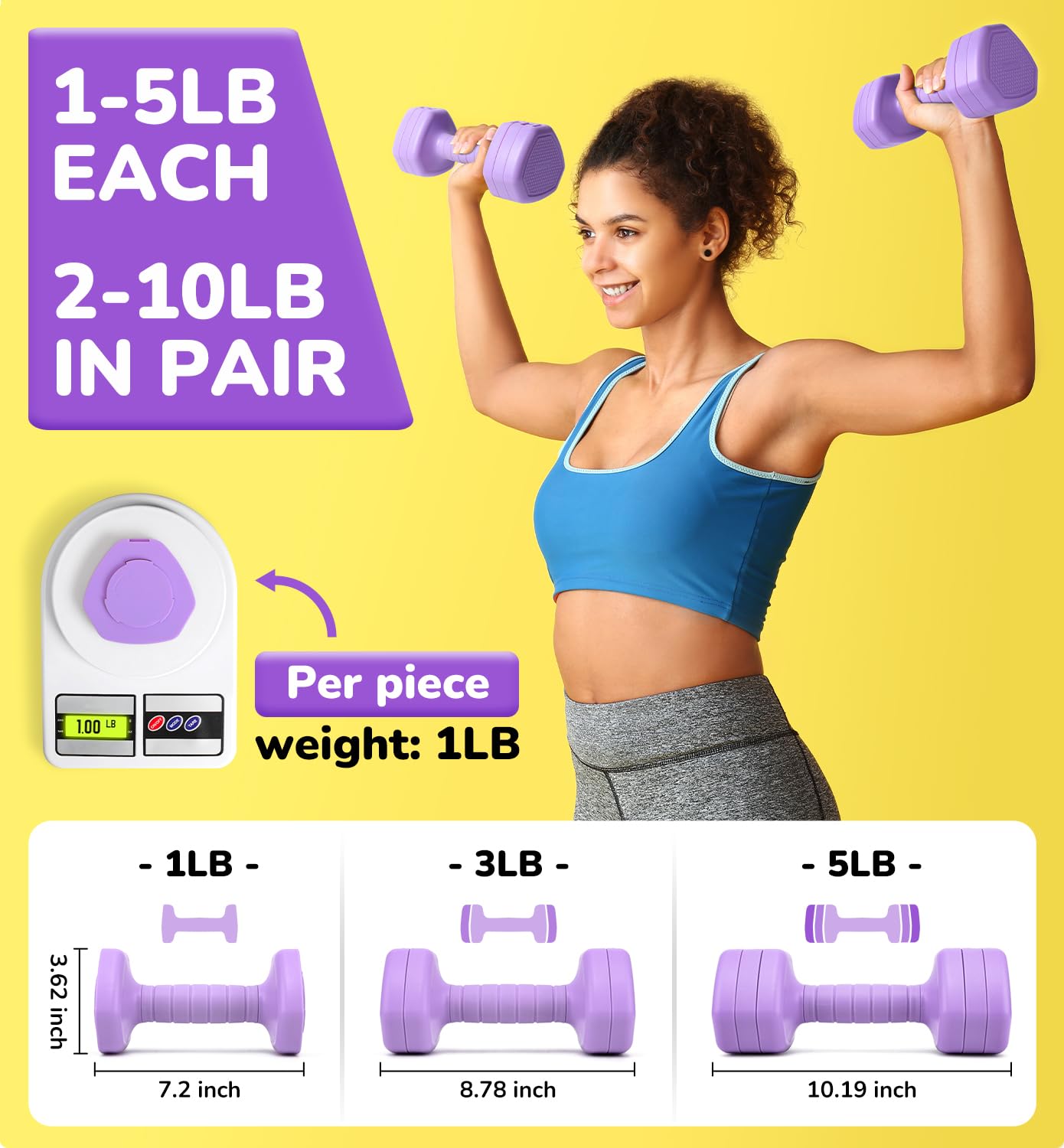 Adjustable Dumbbell Set of 2, 10LBS Hand Weights for Women Men 3-in-1 Free Weight Dumbbells Sets at Home, Each 1lb 3lb 5lb for Home Gym Exercise Workout Strength Training Equipments Purple