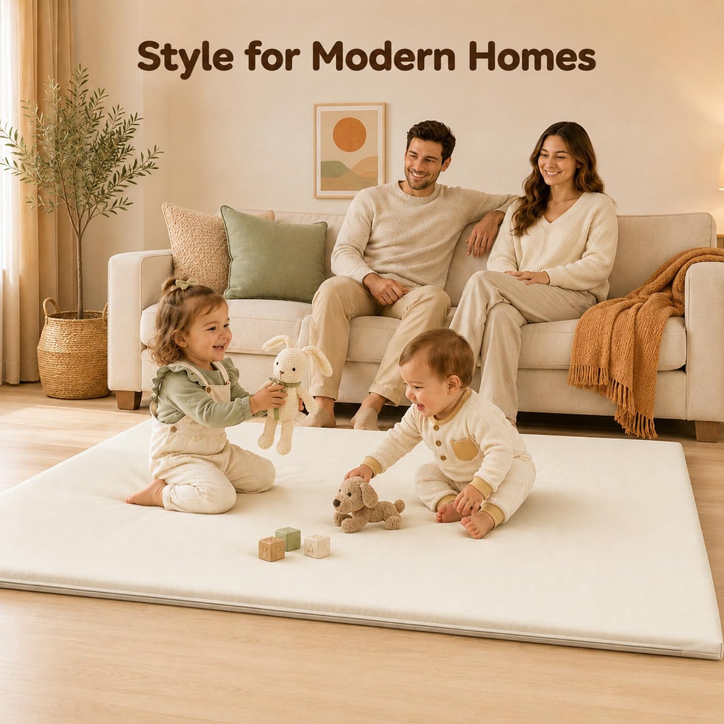 Funyoo Vegan Leather Baby Play Mat, 71x59 Thick Cushioned Waterproof Playpen Mat, Stylish Removable Cover Floor Mat for Babies & Toddlers, Soft Padded Play Mat for Safe Crawling, 1.2" Thick, Cream