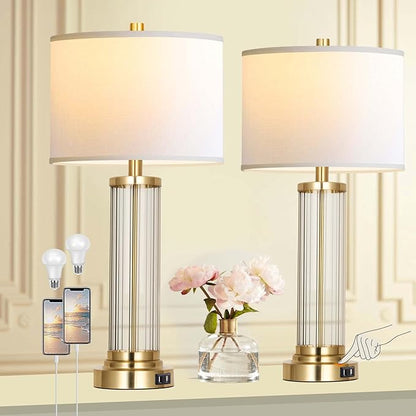 QiMH Touch Control Table Lamp Set of 2 with USB Ports, 3-Way Dimmable Nightstand Lamp with Fabric Cream Shade, Modern Bedside Lamp for Living Room Bedroom Reading, LED Bulbs Included