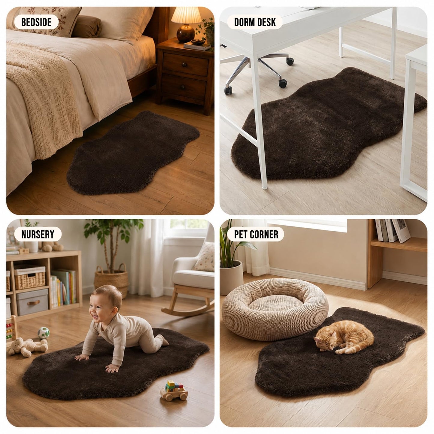 PEIDER-X For Bedroom Dorm Nursery – 2x3 Faux Sheepskin Rug, Fluffy Soft Shaggy Area Rug, 18mm Thick Fluffy Pile 1100GSM Microfiber, Washable Non-Slip TPE Backing, Small Furry Carpet for Bedside, Brown