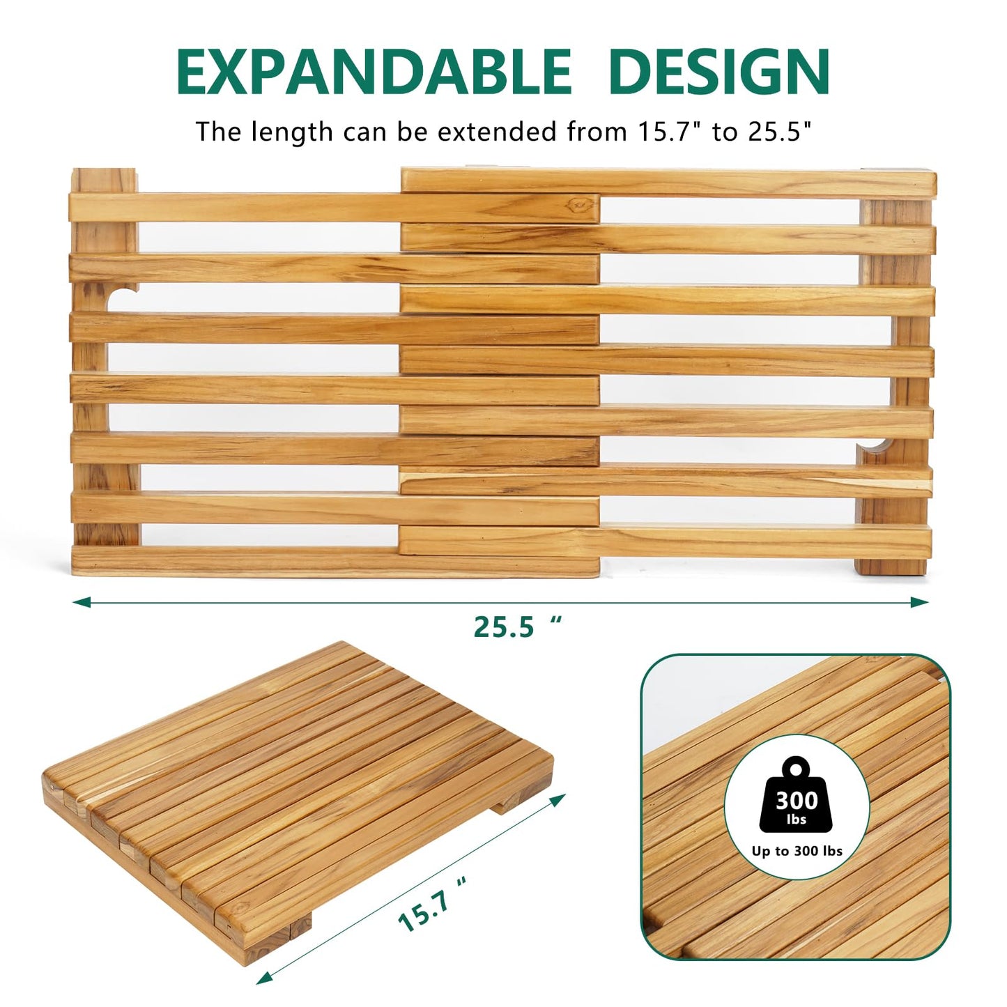 Teak Shower Mat – Adjustable Length Wooden Bathroom Mat, Non-Slip Bath Mat, Sauna Mat for Spa, Sauna Room, Pool, Indoor Outdoor Flooring