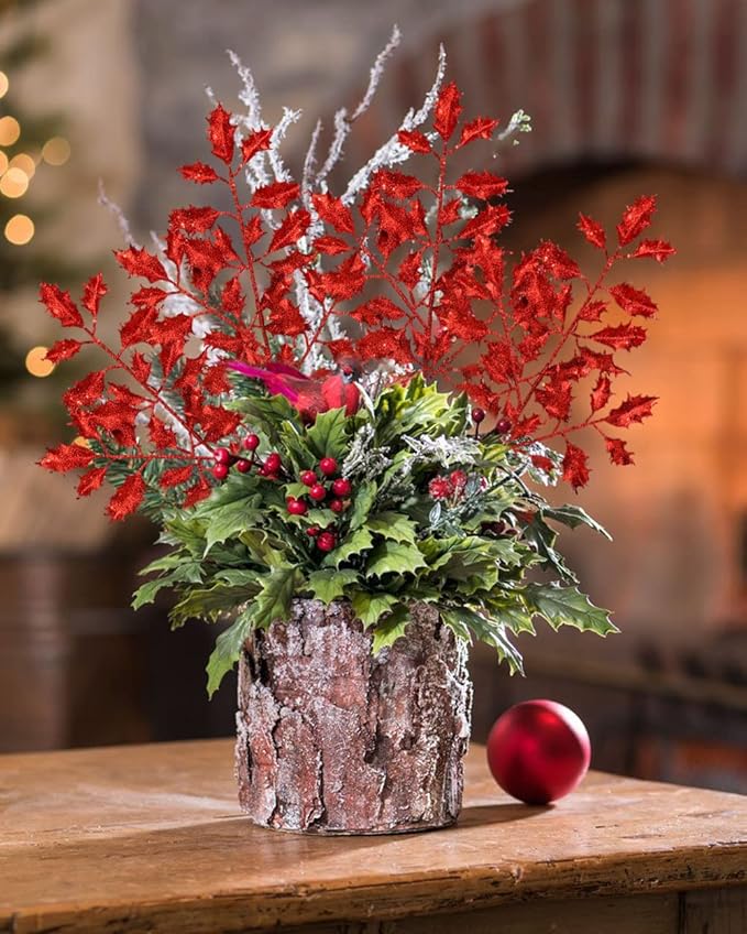 DILATATA 6Pcs Christmas Glitter Leaves Holly Leaves 23" Artificial Red Holly Leaf Picks Sprays Giltter Stems for Christmas Tree DIY Xmas Wreath Garland Home Decor - Red