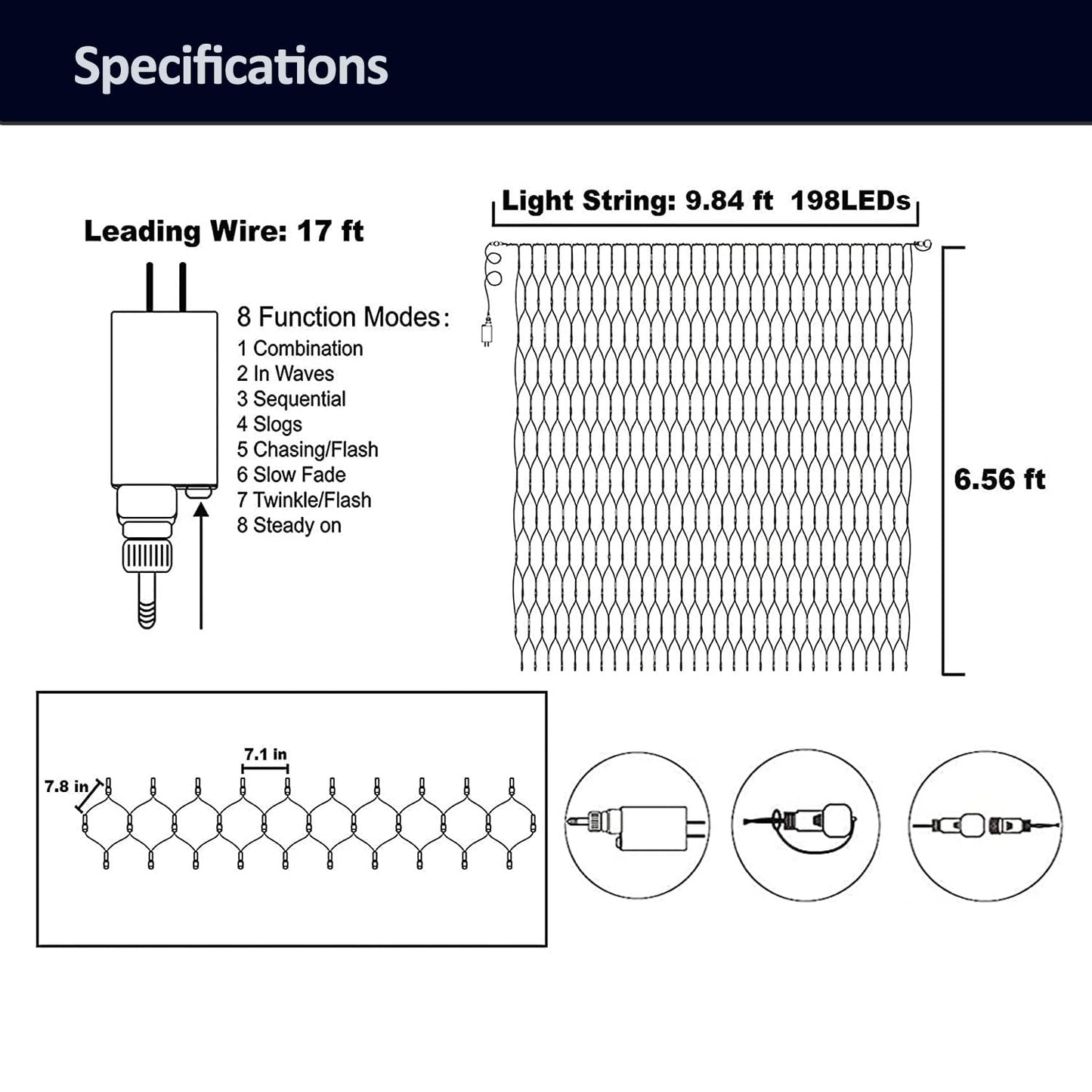 weillsnow 198 LED 9.8ft x 6.6ft Christmas Net Lights, Connectable 8 Lighting Twinkle Modes Mesh Lights for Christmas Outdoor Patio Garden Bush Fence Decorations (Blue & White)