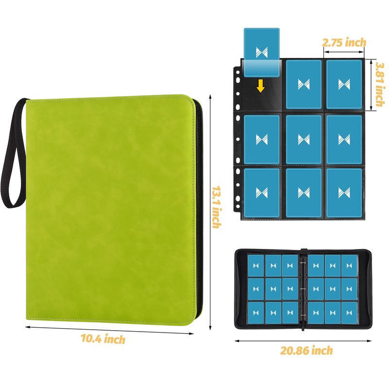 GERMUN 3 Ring 9 Pocket Zipper Card Binder, 720 Double Sided Standard PU Trading Card Album Folder for TCG & Sports Cards, Not Fit Top Loaders (Grass Green)