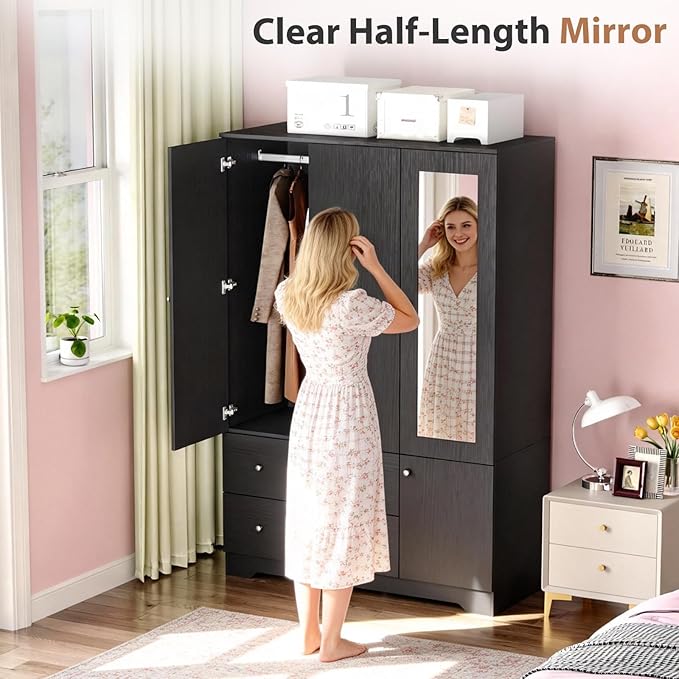 VINGLI Armoire Wardrobe Closet with Doors and Mirror,47" W Wardrobe Cabinet Wooden with Hanging Rod & Shelves Inside, 4 Door Bedroom Armoires with Drawers, Black Freestanding Armoire for Bedroom