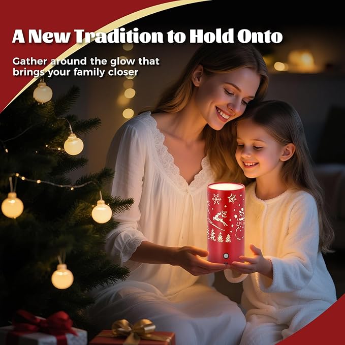 Christmas Table Lamp with Hollow-Out Design - Rechargeable Touch Control Dual Color LED, Warm/Cool White Metal Decor for Home Desk Party, 1200mAh Battery - 2pack(Red)