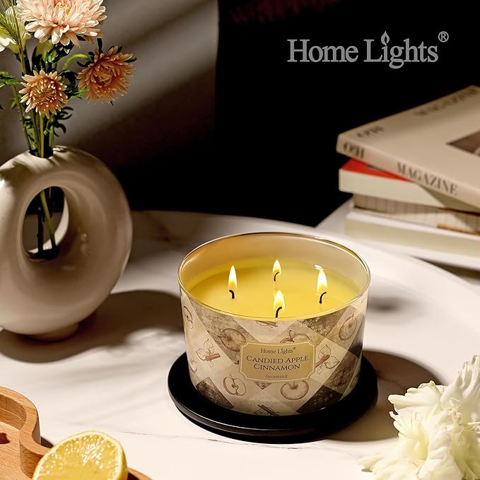 HomeLights Large jar Candle | 4-Wick Long-Lasting Scented Candles, 18oz Natural Soy Wax Candle for Home Scented, Rustic Modern Gifts for Women & Men, Candied Apple Cinnamon
