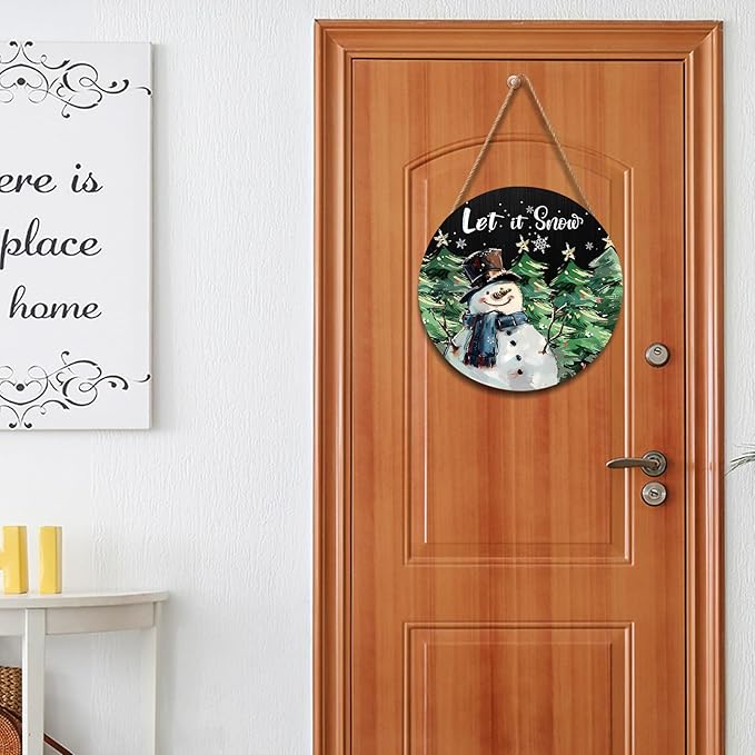 Winter Snowman Sign for Front Door Decor Christmas Snowman Wood Door Hanger for Outdoor Outside Porch Welcome Pine Trees Snowflake Wooden Wreath Winter Xmas Wall Hanging Decoration for Home 12"x12"