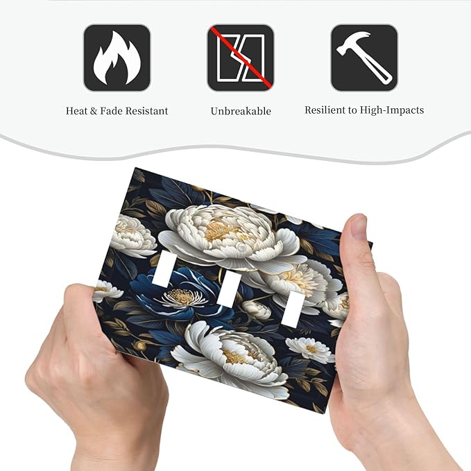 White Gold Blue Flower Light Switch Covers 3 Gang Triple Toggle Wall Plate Decorative Switchplate Electrical Faceplate for Farmhouse Living Decor