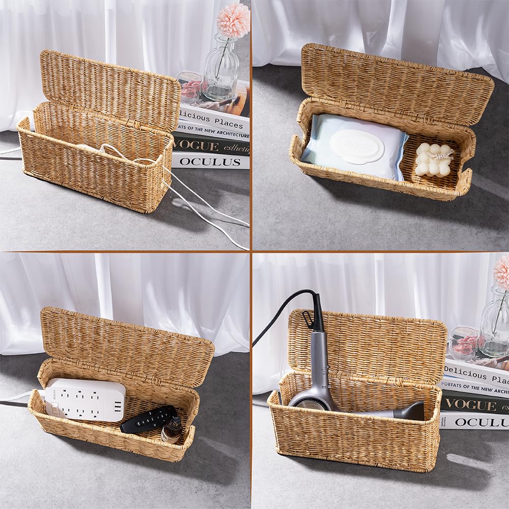 Cable Management Box, Handmade Rattan Cable Organizer with 2 Open Slots, Cord Hider for Power Strip, Router & USB Hub, Registered U.S. Design Patent (D1,112,102), 13" x 5.1" x 5.1", Natural