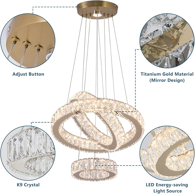 FRIXCHUR 3 Ring LED Chandelier Modern Crystal Chandeliers LED Pendant Lights Gold Ring Chandelier for Bedroom Dining Room High Ceiling Foyer (3000K Warm Light)