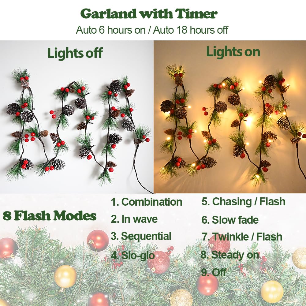 Christmas Garland Lights 6.56FT Holiday Prelit Garlands Pine Cone Red Berry Battery Operated with Remote Garland Wreath Xmas Decor Lights for Outdoor Indoor Christmas Tree Home Frontdoor Decorations