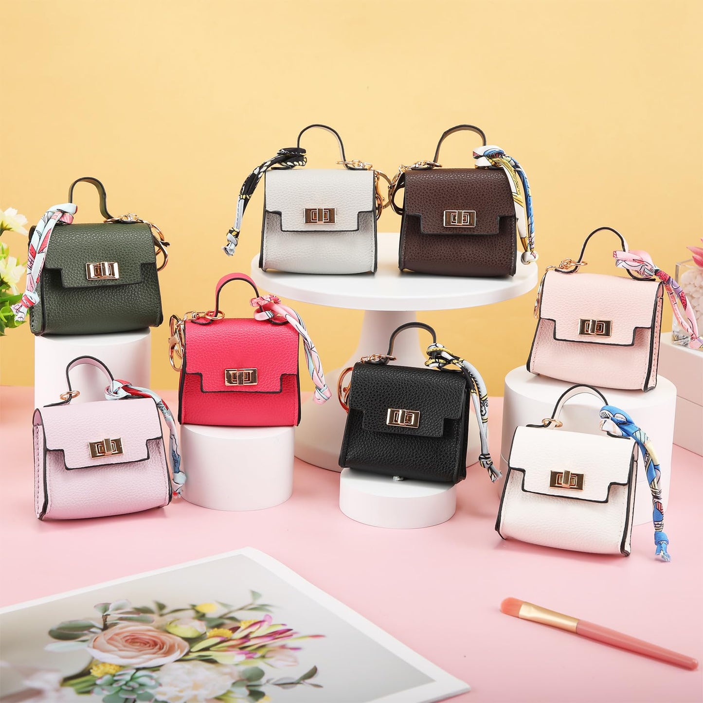 Liliaafar 8 Pcs Mini Backpack Keychain Mini Coin Purses for Women Cute PU Leather Makeup Bag with Keychain, Multi Pocket Card Holder Cable Organizer Giftable Zipper Pouch (Classics)