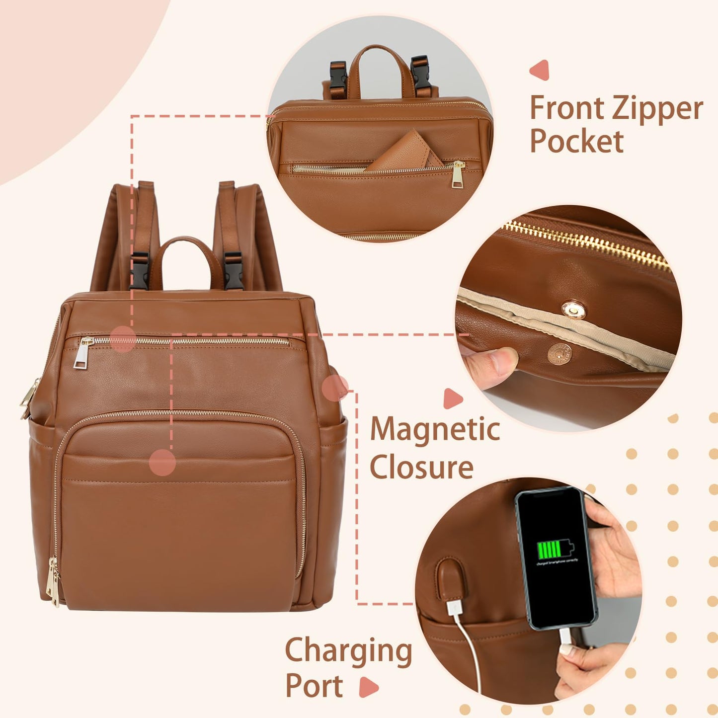 Omanmoli Diaper Bag Backpack Leather Large Baby Diaper Bag Essentials With 18 Organizing Pockets,6 Insulated Pockets,USB Charging Port,Stroller Straps,Changing Pad (Brown)