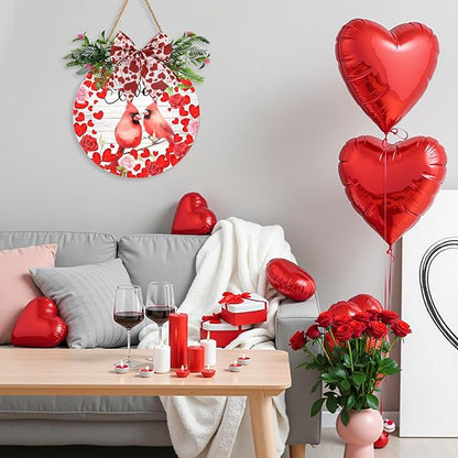 Valentine’s Cardinal Door Sign for Front Porch Farmhouse Love Birds Round Wood Hanging Signs with Hearts Roses and Bow Romantic Rustic Welcome Door Wreath Home Decoration for Couples 12 Inch