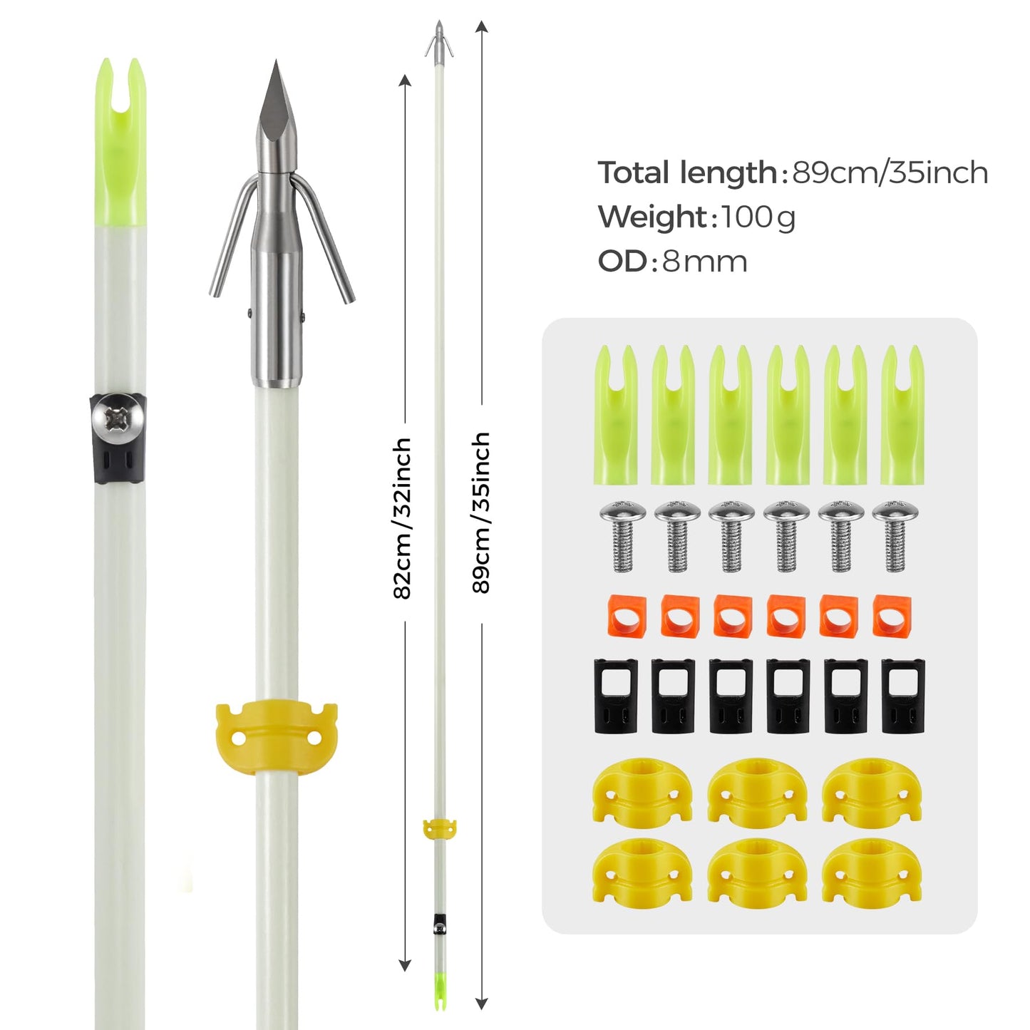 KEAUP 6 Pack 32 inch Bowfishing Arrows with Broadheads and Safty Slides Bow Fishing Arrow Luminous for Compound Bow Recurve Bow Fishing Hunting