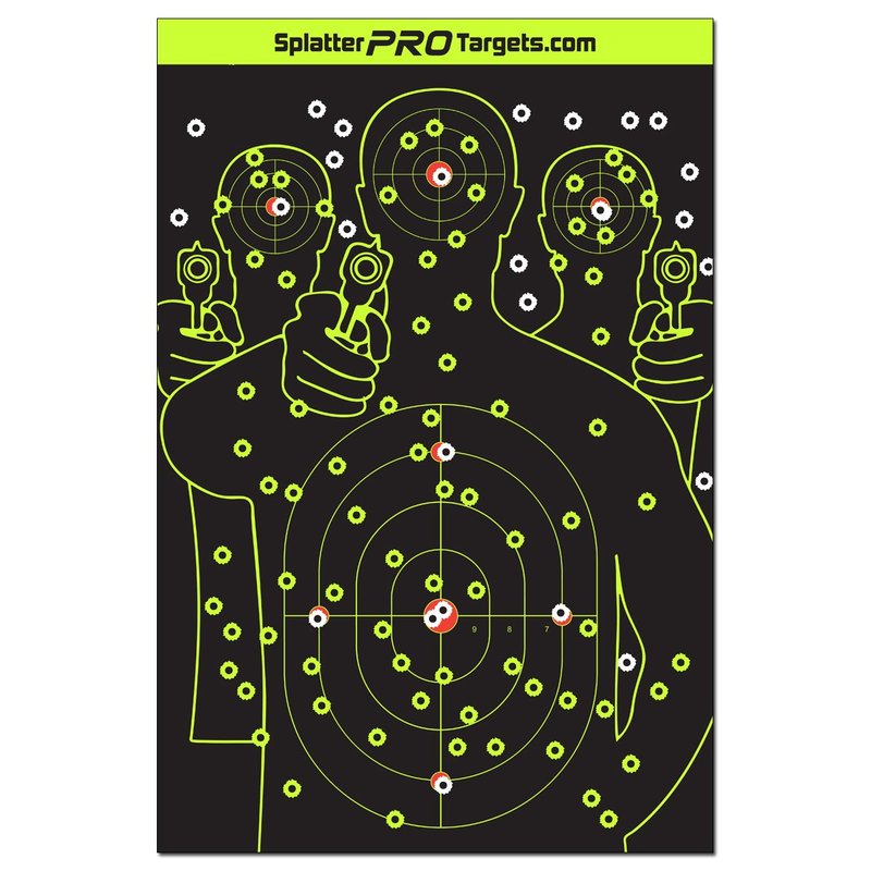 12x18 Splatter Targets. Fully Reactive Targets. See Your Hits and Your Misses! Shots Burst with a Bright Splatter Upon Impact. Instantly See Your Shots. Printed on a Heavy Duty Card Stock.