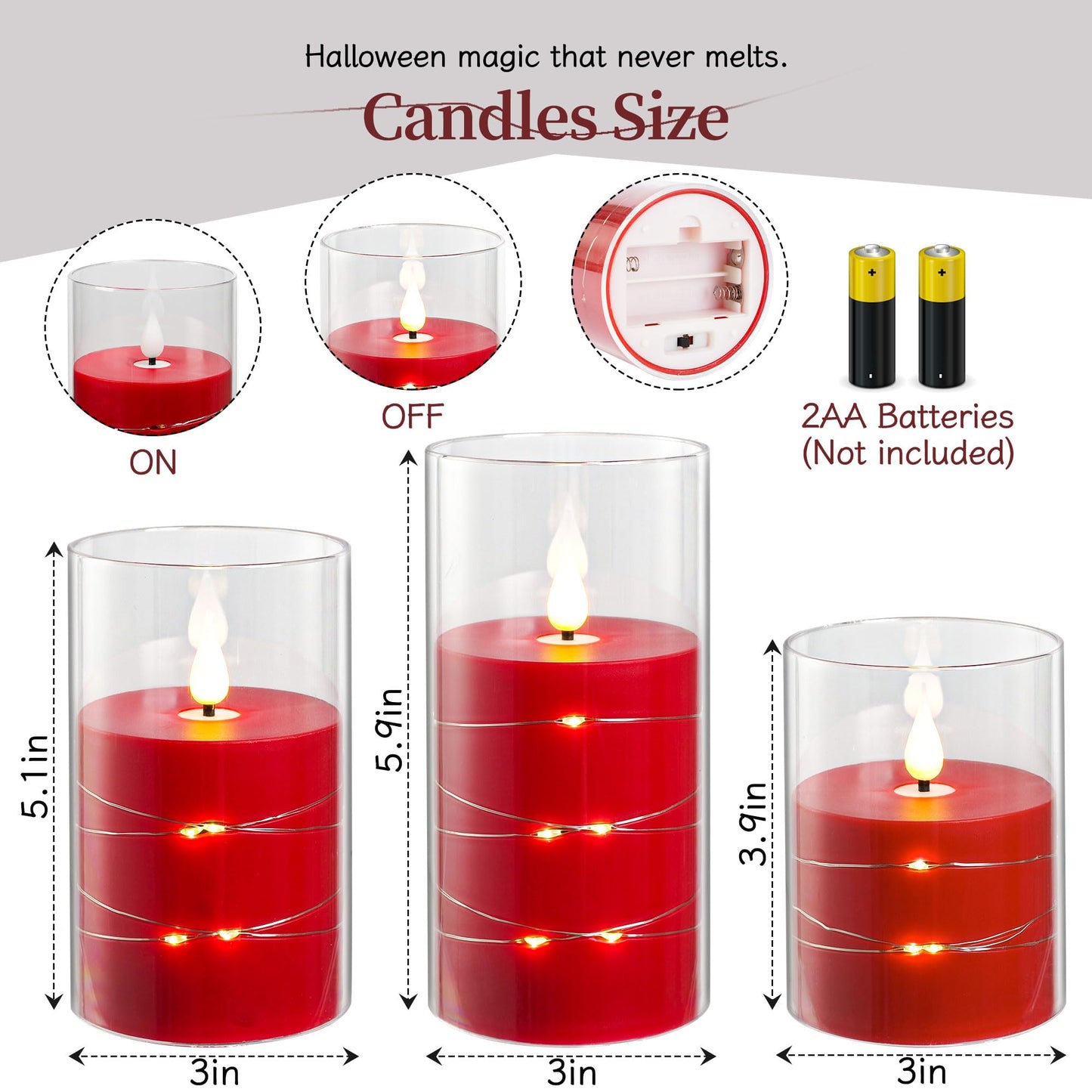 Da by 3 Pack Red Transparent Acrylic Flameless Taper Candles, Flickering Black Wick LED Candles with Fairy String Lights, Heat Resistant ABS Candles with Remote for Indoor Outdoor Decor