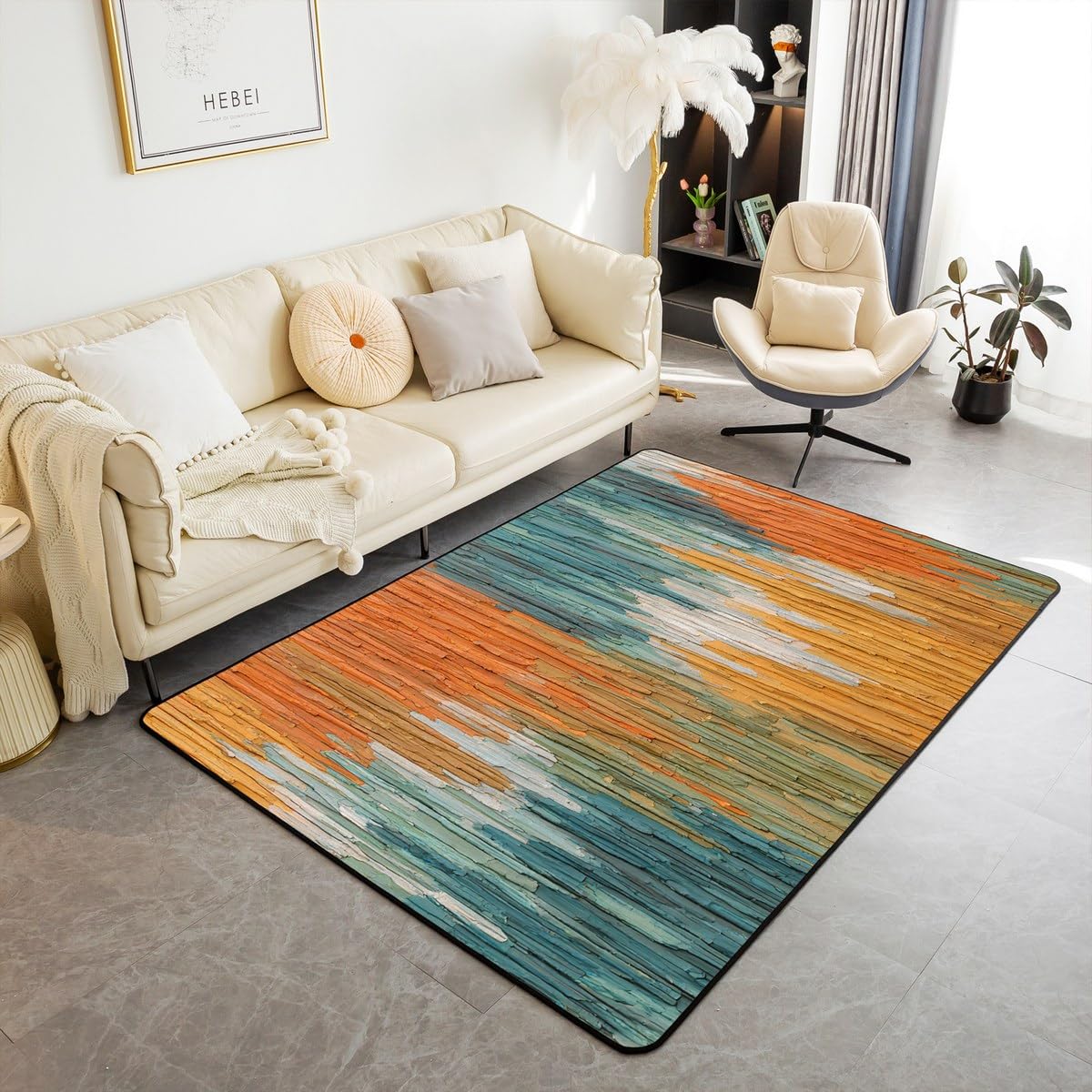 Erosebridal Abstract Pattern Decorative Carpet 4'11" x 3'3" Oil Painting Living Room Rugs for Kids Men Women Gradient Beige Orange Washable Indoor Floor Mat