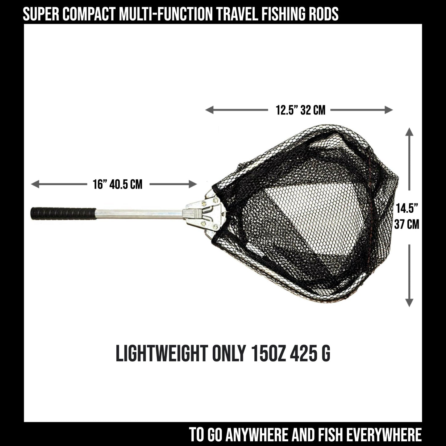 Travel Fishing Landing Net. Super Compact, Folding, Rugged Travel Fish Net. Extra Deep Coated, Low Smell Net + S Carry Hook. Freshwater and Saltwater Angling.