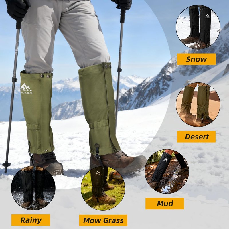 MAJWILD Adjustable Leg Gaiters, Waterproof Snow Boot Gaiters for Men Women with Hiking, Walking, Hunting, Snowshoeing, Climbing (Olive Green, X-Large)