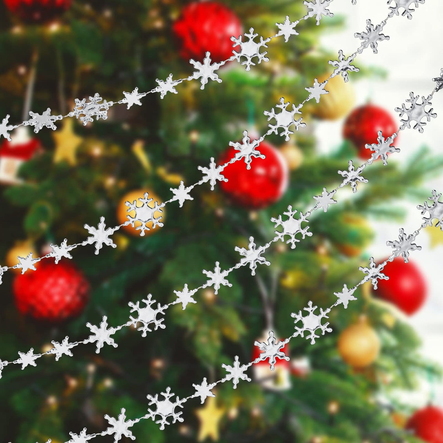 Boao Snowflake Garland for Christmas Tree Ornaments Winter Plastic Snowflake Hanging Ornaments for Christmas Tree Decorations Baby Shower Party Supplies Wedding(10 Meters,Silver)