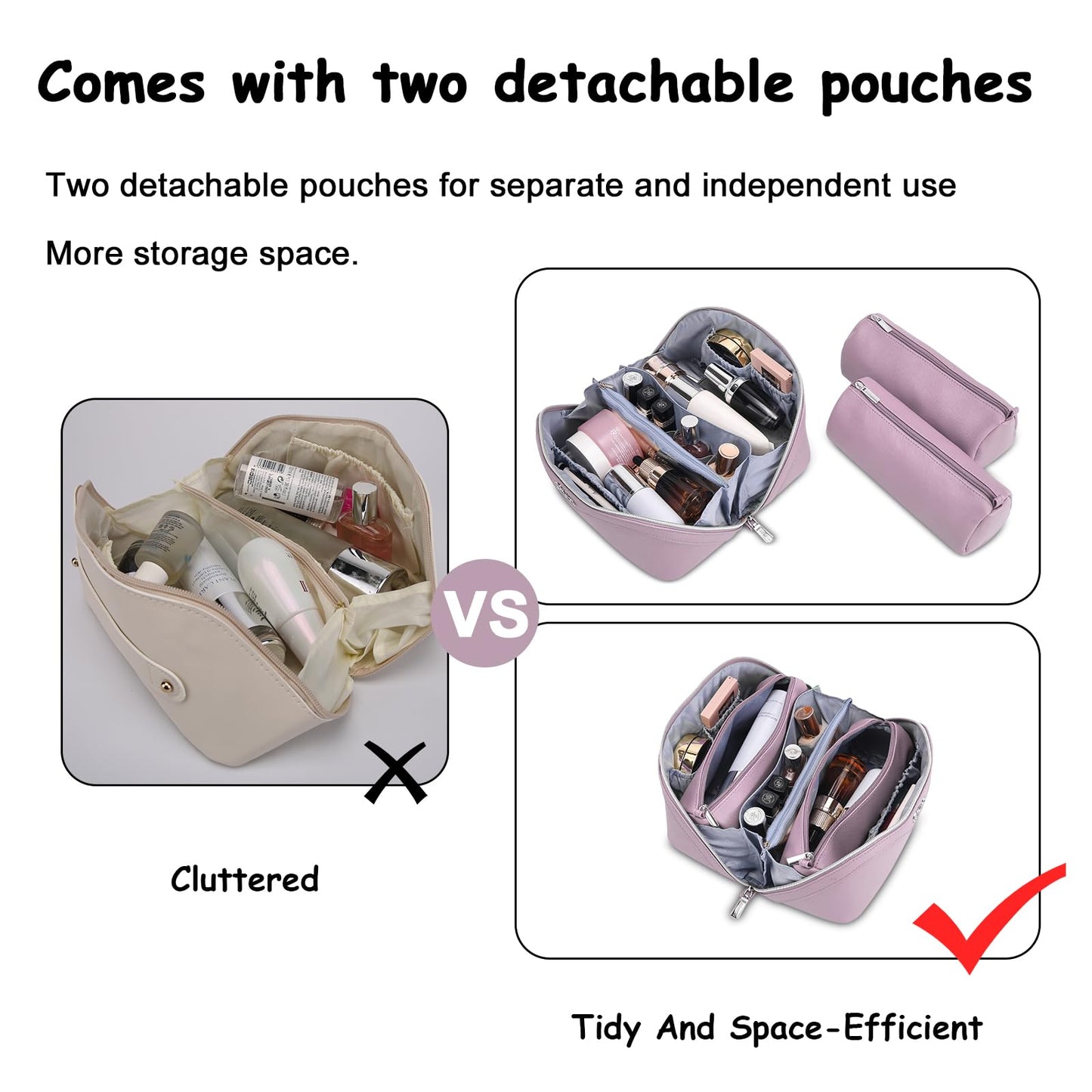 BOYATU Travel Makeup Bag Organizer Cosmetic Bag: 3 Pcs Set Make up Bags for Women with Handle - Waterproof Vegan Leather Toiletry Bags Travel Essentials Pouch with Compartments (C-06-Purple)