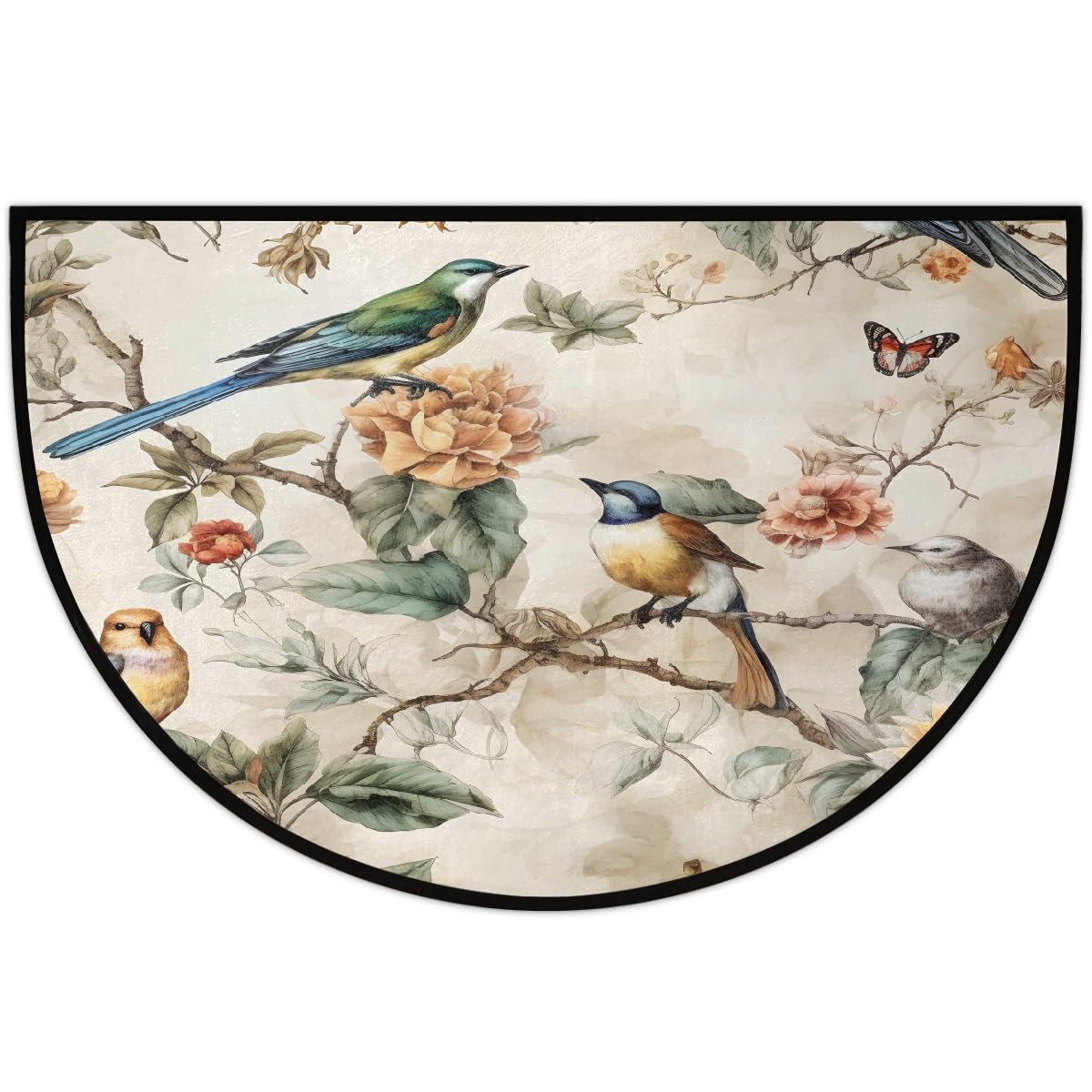 Myfsucce Retro Bird Flower Half Round Rug Door Mat Non Slip Entryway Rug 24" x 36", Welcome Mat for Indoor Front Door Semi Circle Floor Mats for Home Kitchen