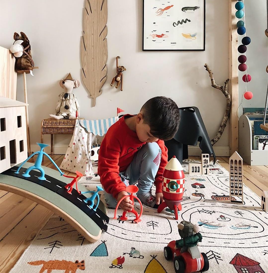 Hand-Woven Organic Cotton Kids Play Rug (59 x 35 inches) – City Road Map Design, Non-Toxic & Eco-Friendly Nursery Playroom Carpet, Soft Scandinavian Style Mat