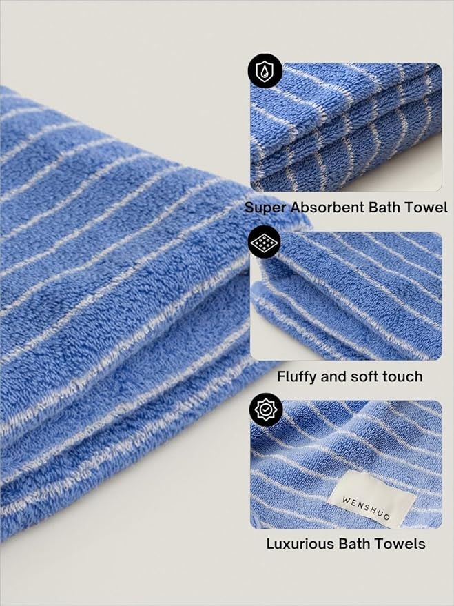 WENSHUO Azure Holiday-Striped Pure Cotton Bath Towel, 100% Combed Cotton