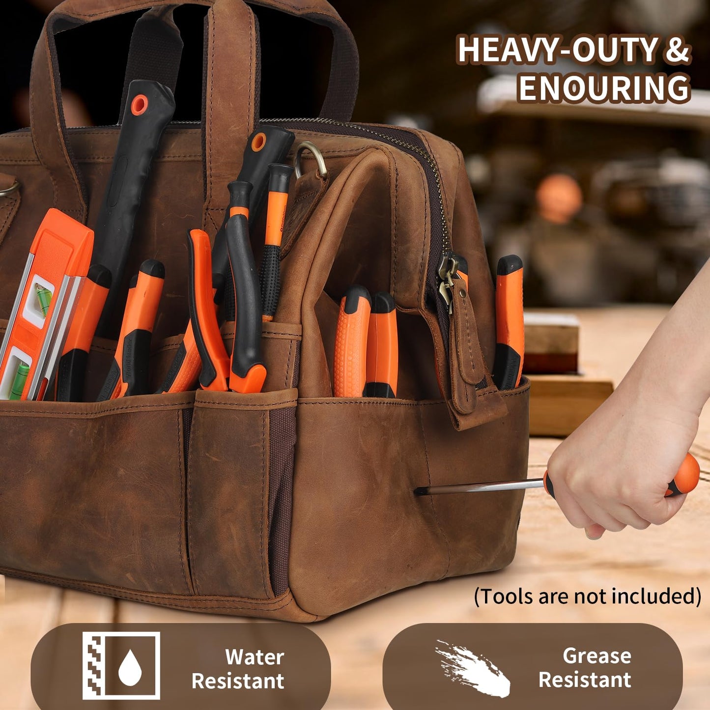 Leather Tool Bag Wide Mouth Tool Storage Bag for Hand Tools 16 inch Tool Tote Bag, Gardening, Outdoorsmen, Heavy Duty Organizer Electrician Tool Bag