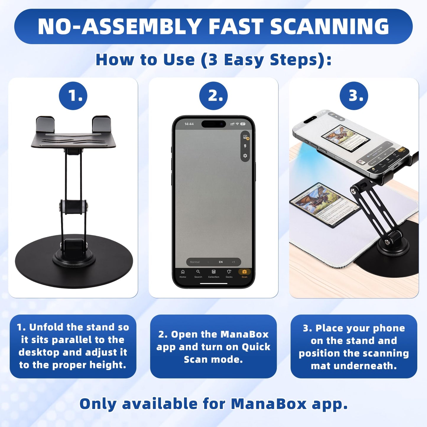Utllsitm Foldable MTG Trading Card Scanner Stand,Carbon Steel Phone Holder Includes 50 Standard Size Card Sleeves and Scanning Pad,Ideal for Quickly Scan and Price Check,Available for ManaBox