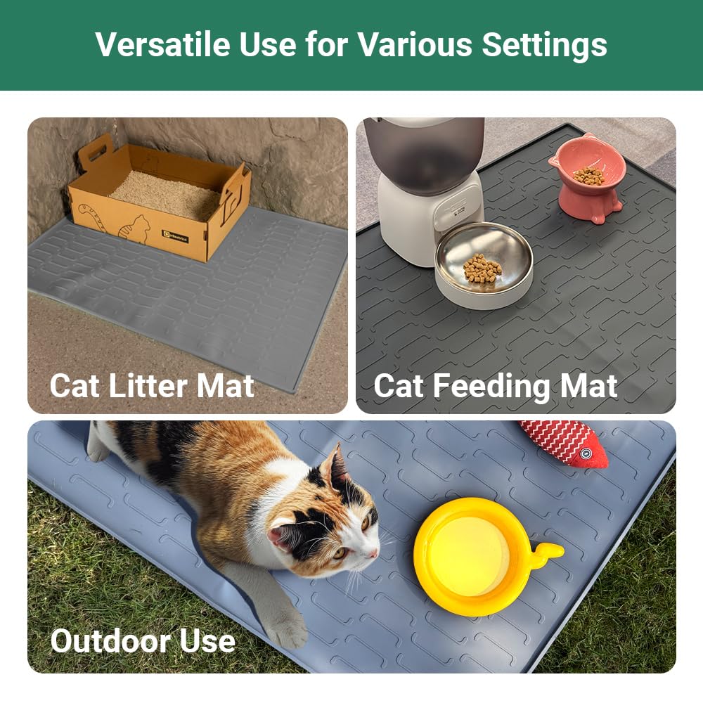 IRRESTRICO Cat Litter Mat, Large 32'' x 24'' Silicone Litter Box Mat for Litter Trapping, Waterproof, Non-Slip, Easy to Clean, Grey