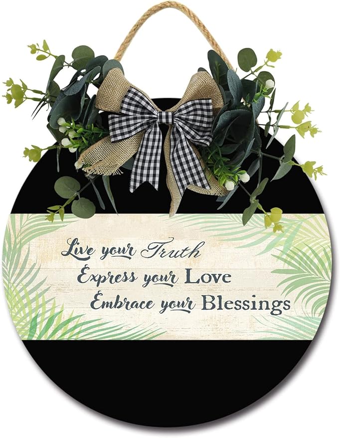 Embrace Your Blessings Front Door Sign Funny Wreaths Hanging Wooden Plaque Decoration Round Rustic Wood Farmhouse Porch Decor for Home Front Door Decor, 12 x 12 Inch
