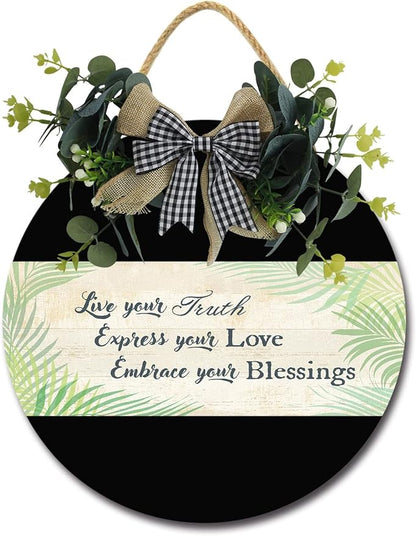 Embrace Your Blessings Front Door Sign Funny Wreaths Hanging Wooden Plaque Decoration Round Rustic Wood Farmhouse Porch Decor for Home Front Door Decor, 11 x 11 Inch