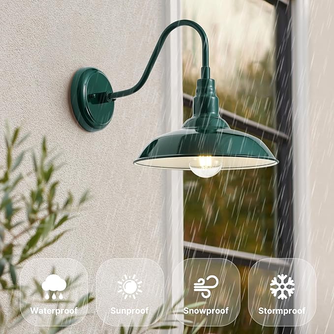 10in Outdoor Gooseneck Barn Light Wall Mount, Green Exterior Farmhouse Porch Lights with White Interior Small Dome Outdoor Patio Gooseneck Wall Sconce Garage Lighting for House, Cabin