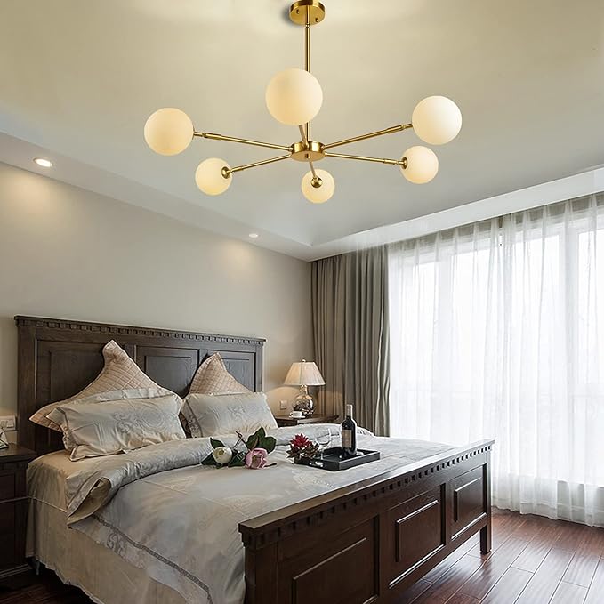 6-Lights Globe Mid Century Chandelier Modern Sputnik Pendant Light Fixture with G9 Bulb Brushed Brass Finished with White Globe Glass Lampshade Dining Kitchen Island Bedroom Lighting (Gold)