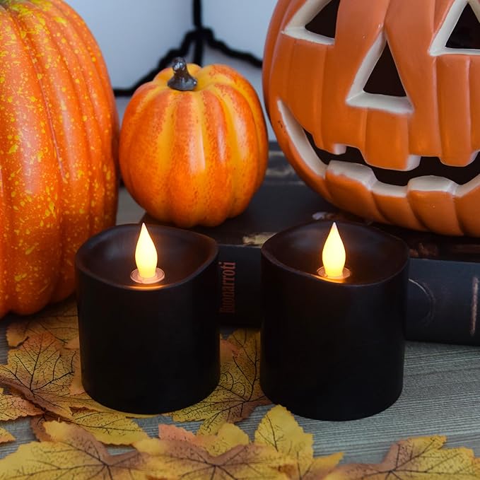 Black Flameless LED Candles, Black Battery Operated Candles with Remote Timer, 3"x3" Real Wax 2-Pack, 3D Flickering Flame Last 600+ Hours, Ideal for Halloween Christmas Gothic Home Decor