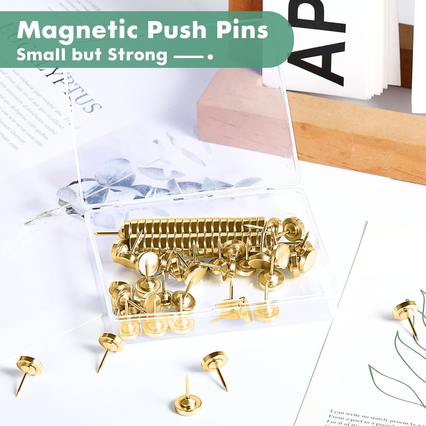 GOOLADA 20 Sets of Magnetic Push Pins, Magnetic Thumb Tacks, Cute Flat Push Pin, Gold Push Pins for Bulletin Board, Magnetic Pins for Wall, Flat Thumb Tacks for Cork Board