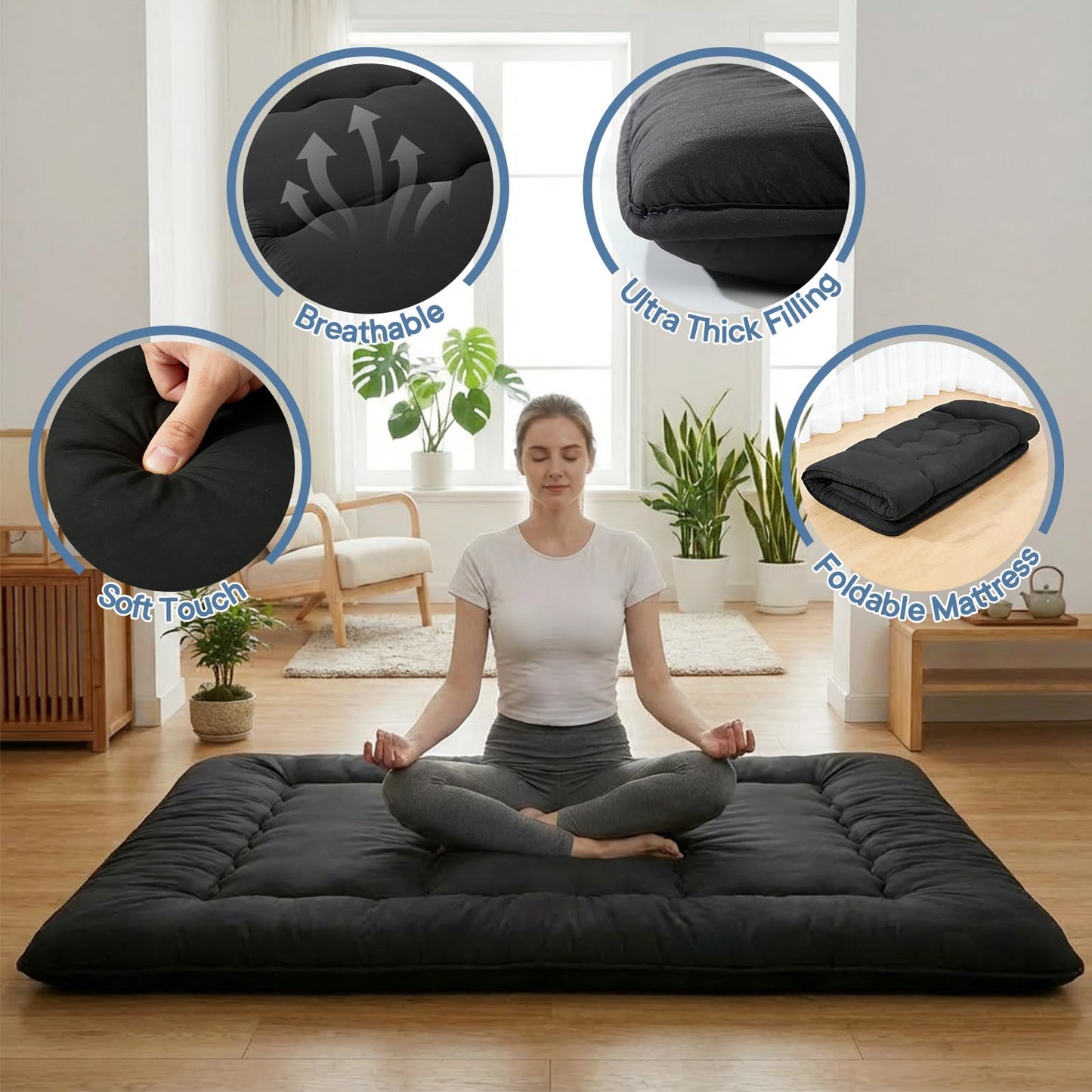 DUMOS Japanese Floor Mattress Queen Size, Futon Mattress Foldable with Removable Washable Cover, Portable Roll Up Tatami Mat for Small Bedroom, Couples, Family Movie Night and Home Use, Black