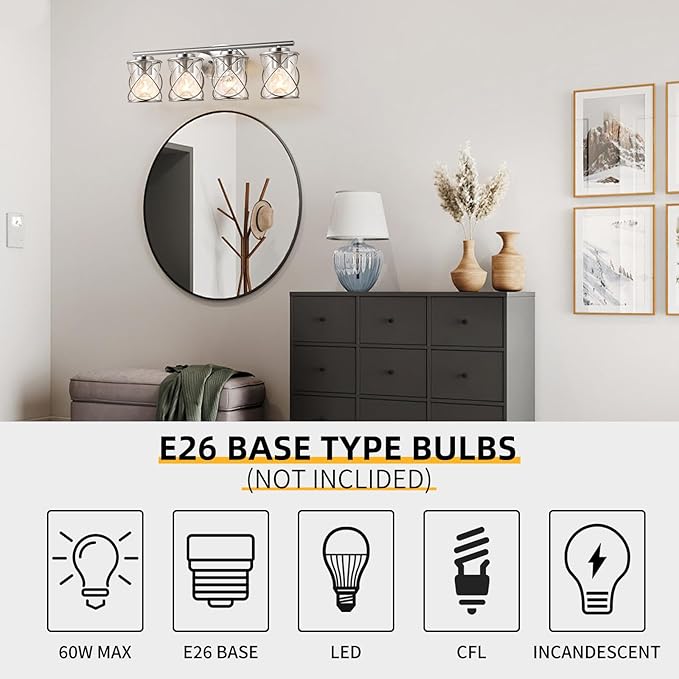 mavcadonf Bathroom Vanity Light Fixtures Over Mirror, 4 Lights Modern Bathroom Wall Lamp for Mirror Kitchen Living Room Hallway Cabinet Porch, Farmhouse Wall Lights with Cage Shade, Brushed Nickel