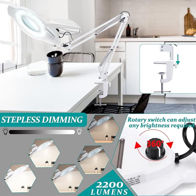 10X Magnifying Glass with Light, NUEYiO 2200 Lumens Stepless Dimmable Mangifier with Light, 4.2" Real Lens, Adjustable Metal Swing Arm Lighted Magnifying Lamp for Esthetician, Crafts, Close Work