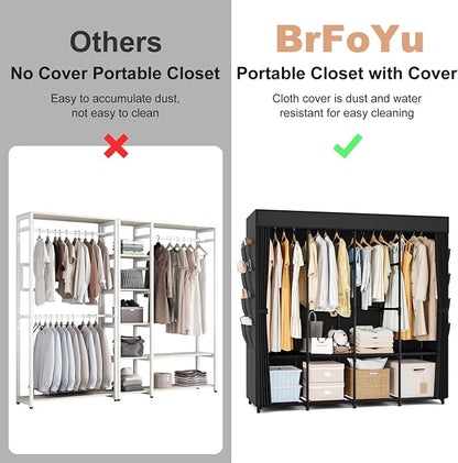 Portable Closet for Hanging Clothes, 67 Inch Wide Portable Wardrobe Closet with Cover, 4 Hanging Rod, Storage Shelves and Side Pockets, Large Free Standing Closet for Bedroom, Black