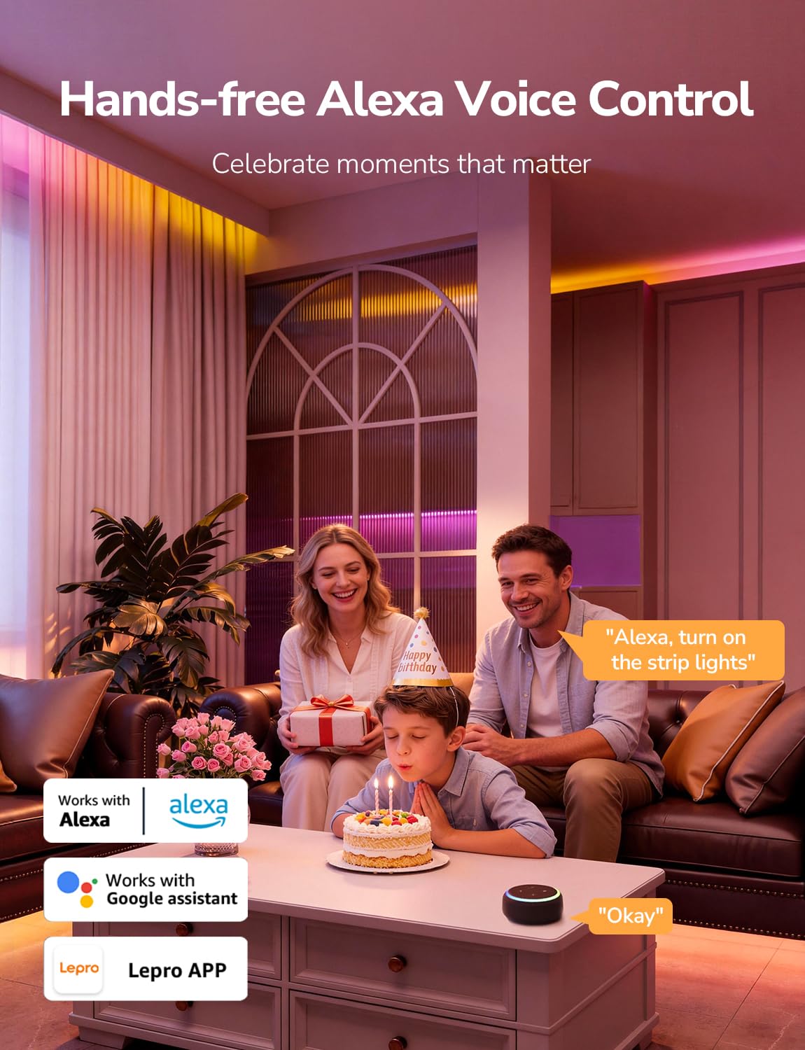 Lepro S1 AI LED Strip Lights for Bedroom - 50ft Smart RGB Light Strips with IC and Rainbow Chasing Effects, Color Segment DIY, Personalized Al Lighting Designer, No Remote, 2.4G Wi-Fi & Bluetooth