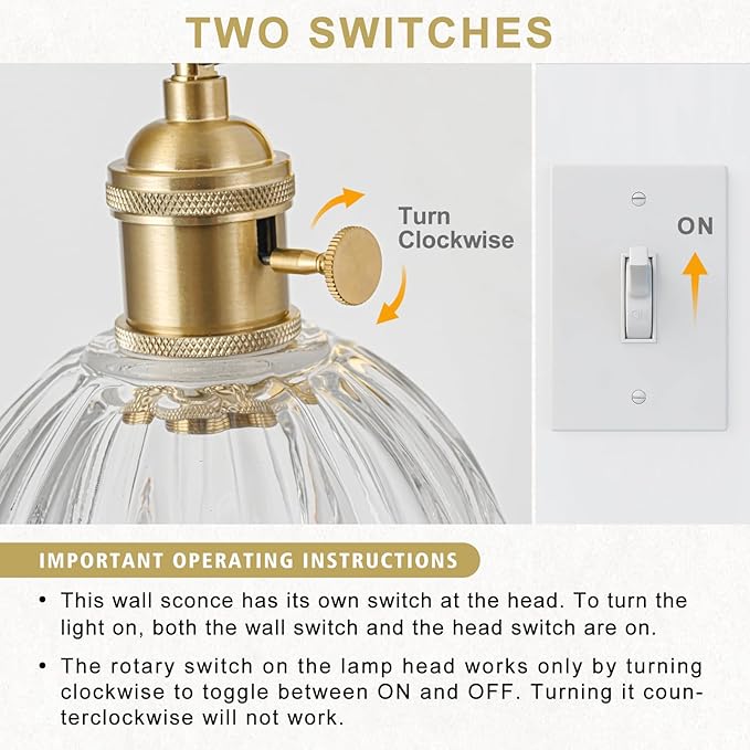 Hardwired Wall Sconce Light, Vintage Wall Sconce with Switch, Gold Wall Light Fixture with Tulip Transparent Glass Lampshade, Indoor Wall Light for Bedroom Bathroom, Bedside Wall Lamp