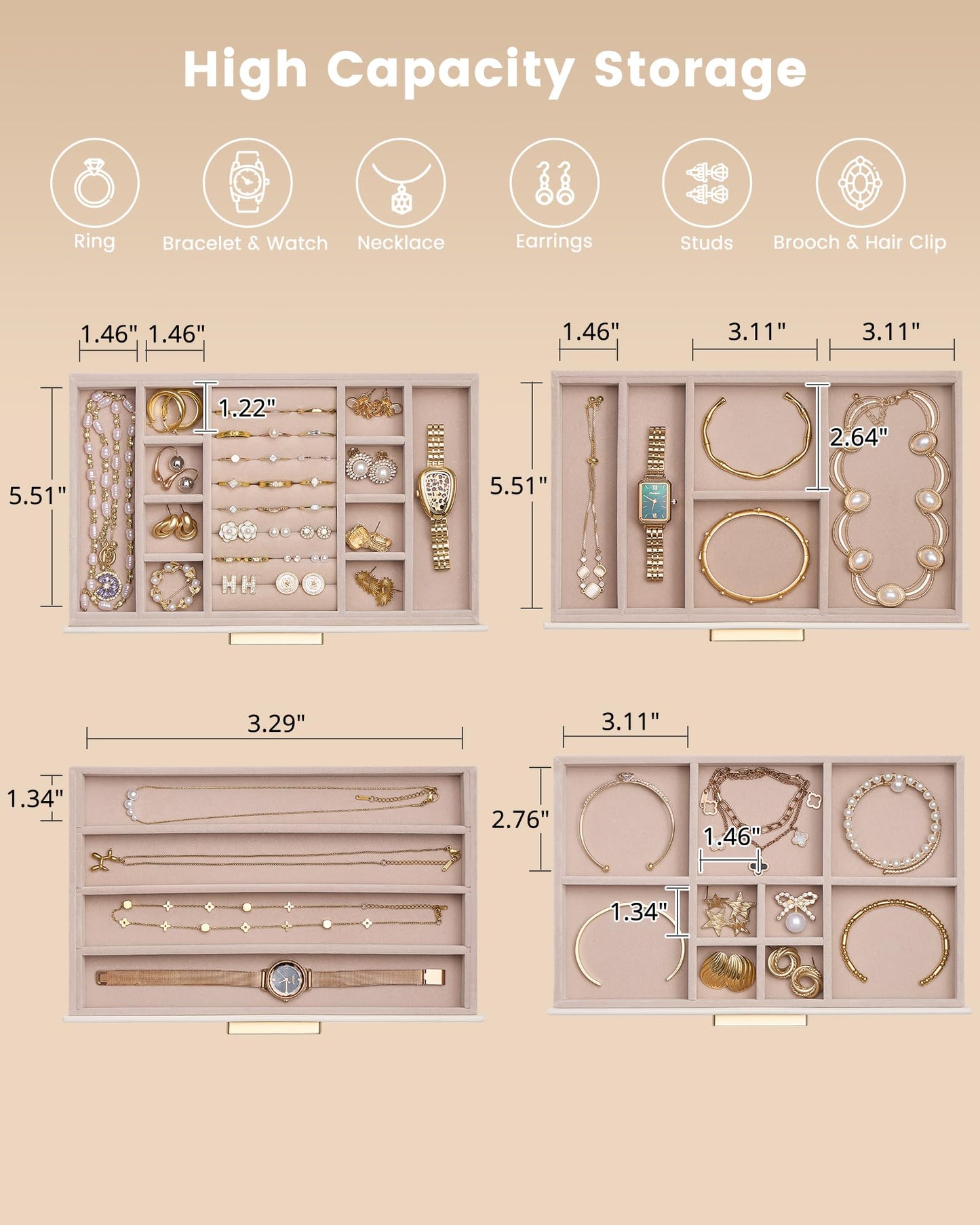 Lolalet Jewelry Box Organizer, 4-Layer Jewelry Organizers and Storage Case with Glass Lid, Ring Earring Bracelet Necklace Holder Organizer, Birthday Valentine Gifts for Women Girls -4Layer, Beige