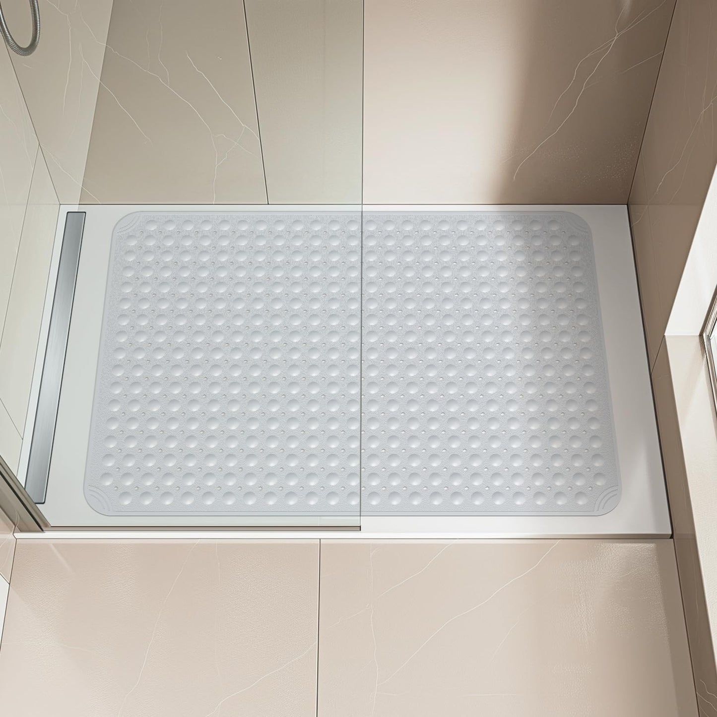 OTHWAY Extra Large Shower Mat 47"x 32", TPE Non Slip Shower Mat for Shower Stall, Inside Walk in Shower Mats with Drain Holes Suction Cups, Anti-Slip for Elderly Kids (Light Grey)