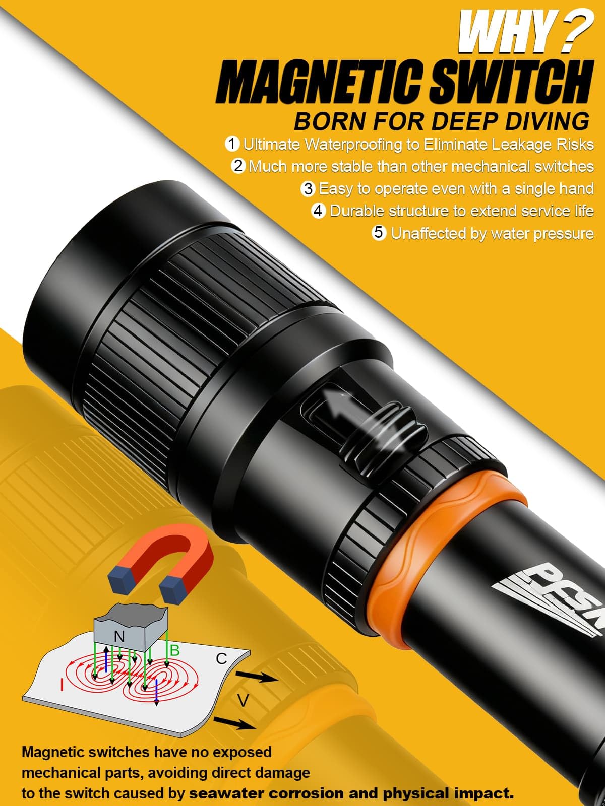 Scuba Dive Light Diving Flashlight - PFSN High Lumens Underwater Flashlight IPX68 Waterproof, Rechargeable Dive Torch, Narrow Beam Diving Lamp Best for Diver Submersible Caving, Snorkeling