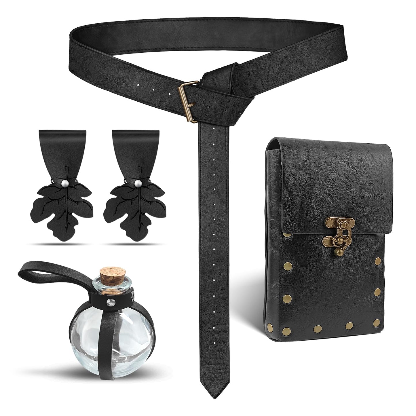 FunMular Renaissance Accessories Costume Women Belt Pouch Medieval Viking Potion Bottles Leather Belt Leaf Skirt Hikes (Black Set)
